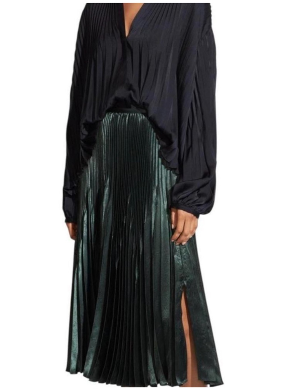 Vince Pleated Satin Midi Skirt